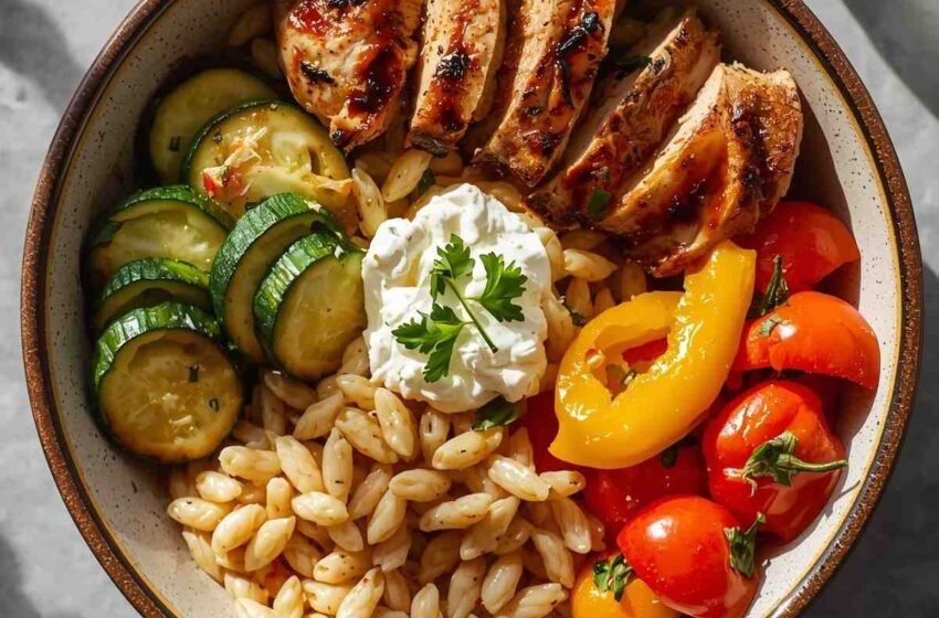 Balsamic Chicken Orzo Bowl with Roasted Veggies & Whipped Feta