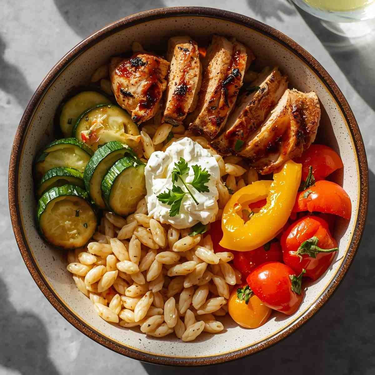 Balsamic Chicken Orzo Bowl with Roasted Veggies & Whipped Feta