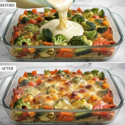Cheesy Roasted Vegetable Casserole with Broccoli, Chickpeas & Garlic