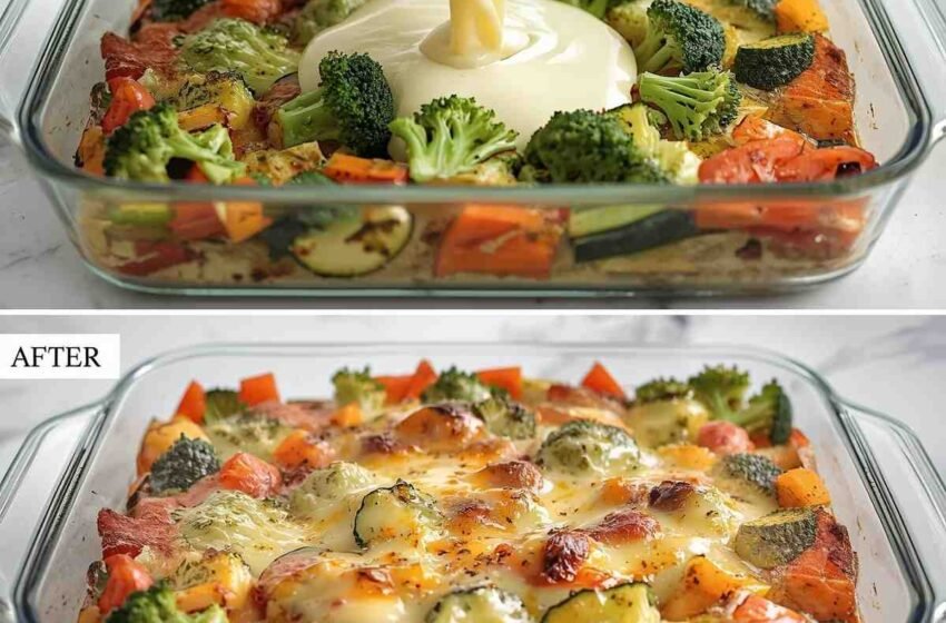 Cheesy Roasted Vegetable Casserole with Broccoli, Chickpeas & Garlic