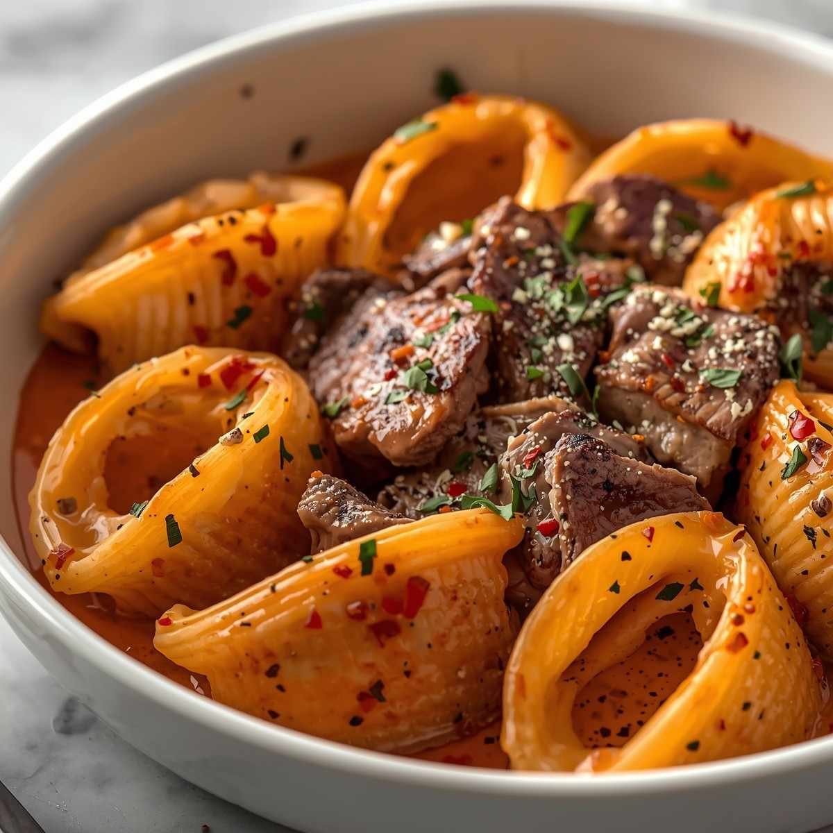 Creamy Parmesan Garlic Beef Bowtie Pasta