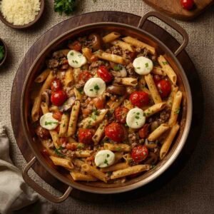 High-Protein Penne with Ground Turkey & Mushrooms