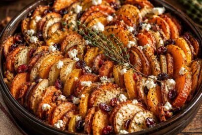 Thumbnail for Layered Sweet Potato, Squash & Parsnip Bake with Cranberry-Honey Drizzle