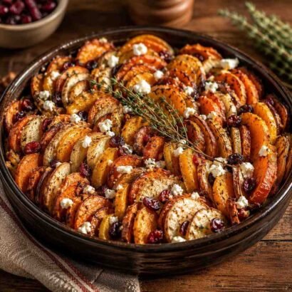 Layered Sweet Potato, Squash & Parsnip Bake with Cranberry-Honey Drizzle