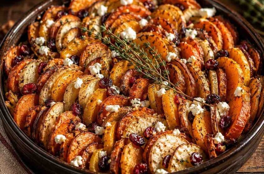 Layered Sweet Potato, Squash & Parsnip Bake with Cranberry-Honey Drizzle