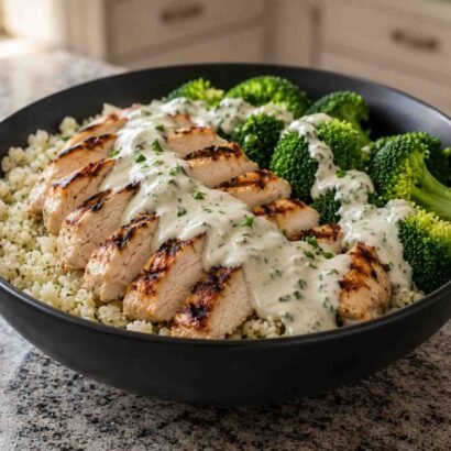 High-Protein Diabetic-Friendly Grilled Chicken & Broccoli Power Bowls with Creamy Garlic Yogurt Sauce