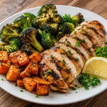 Grilled Chicken with Roasted Broccoli & Sweet Potatoes