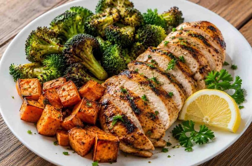 Grilled Chicken with Roasted Broccoli & Sweet Potatoes
