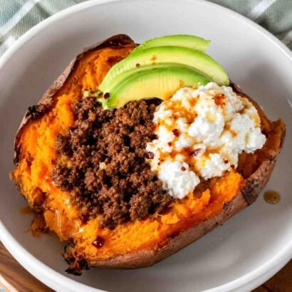 Hot Stuffed Sweet Potatoes with Ground Beef, Cottage Cheese & Avocado