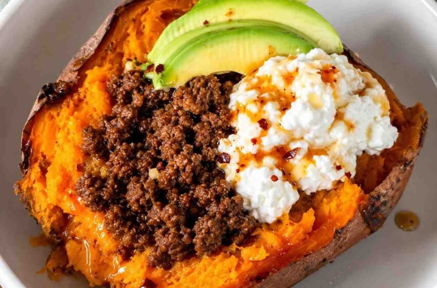 Hot Stuffed Sweet Potatoes with Ground Beef, Cottage Cheese & Avocado