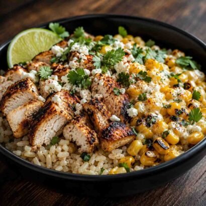 High-Protein Street Corn Chicken Rice Bowl
