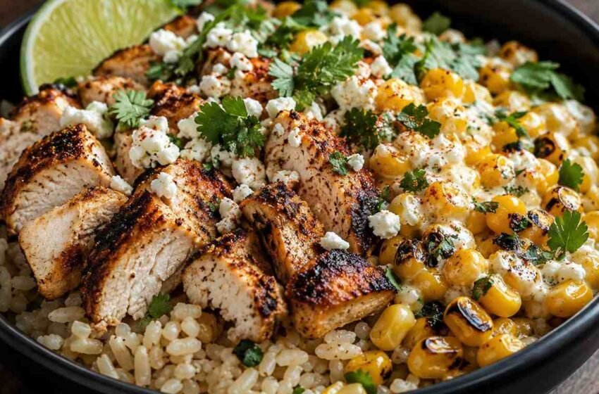 High-Protein Street Corn Chicken Rice Bowl