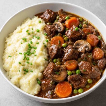 High-Protein Beef Stew with Creamy Mashed Cauliflower & Potatoes