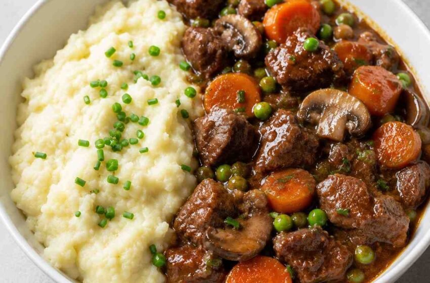 High-Protein Beef Stew with Creamy Mashed Cauliflower & Potatoes
