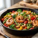 High-Protein Garlic Shrimp Stir-Fry with Vegetables and Cashews