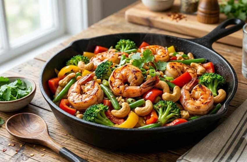 High-Protein Garlic Shrimp Stir-Fry with Vegetables and Cashews