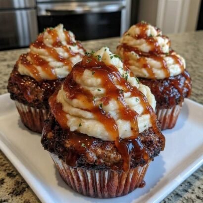 Smoky Bourbon BBQ Bacon-Wrapped Meatloaf Cupcakes with Cauliflower Mash Frosting