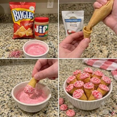 Easy Sweet Filled Bugles Bites with Peanut Butter and Strawberry Coating