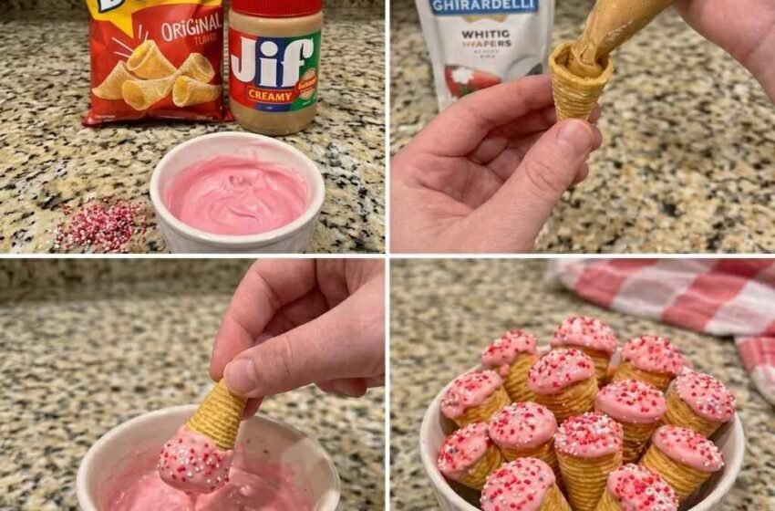 Easy Sweet Filled Bugles Bites with Peanut Butter and Strawberry Coating