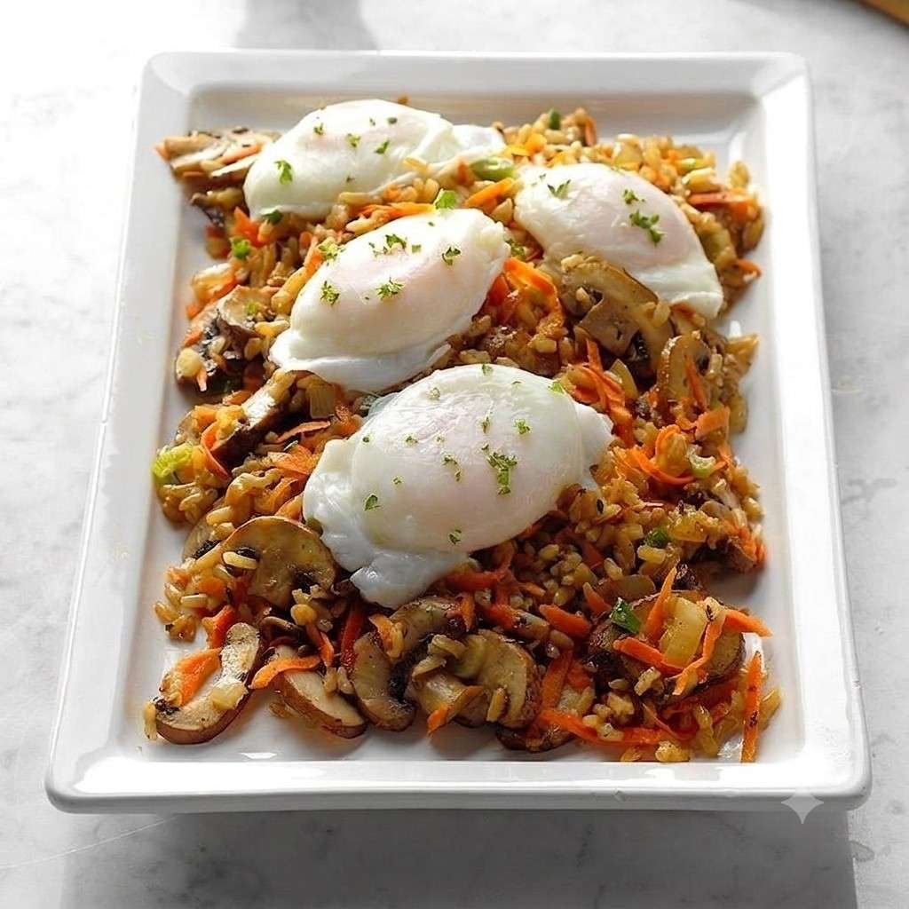 Mushroom and Brown Rice Hash with Poached Eggs